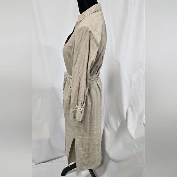 Zara women S linen midi shirt dress tied earthy gold snap buttons tan trench - Picture 6 of 8